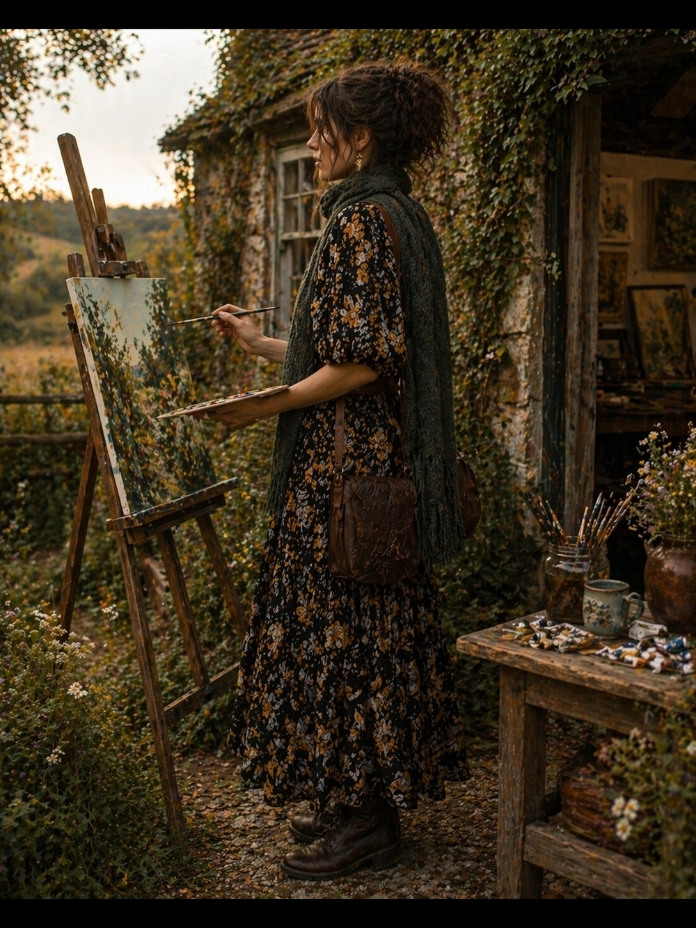 Art Cottagecore XL Floral Dress Outfit, Painterly Autumn Dress with Green Scarf
